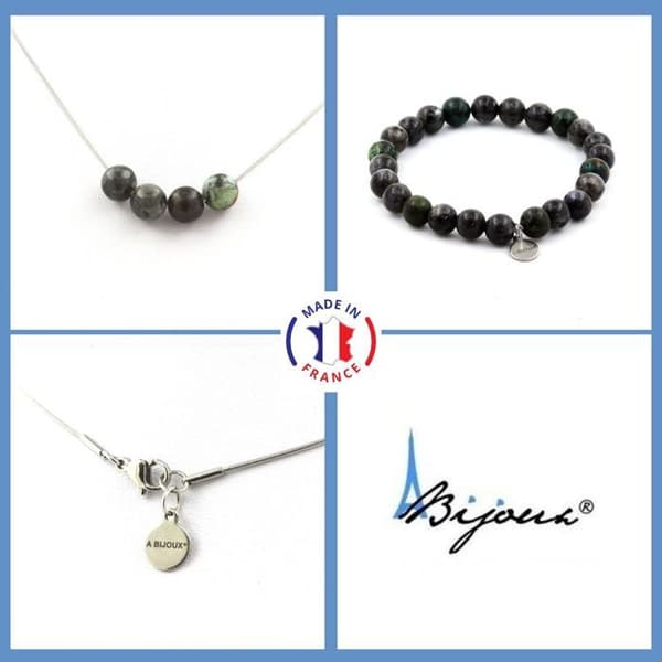 Stenar och mineraler. Labradorite + Afrikansk turkos pärlarmband Halsband Set 8 mm. Anpassningsbar storlek.