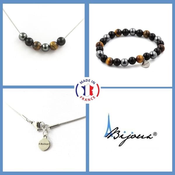 Stenar och mineraler. Armband Halsband Set Tiger Eye Beads + Hematite + Black Agate Anpassningsbar storlek.