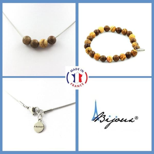 Stenar och mineraler. Landskap Jasper Beads Halsband Armband Set + 8 mm trä. Kedja i anpassningsbar storlek.