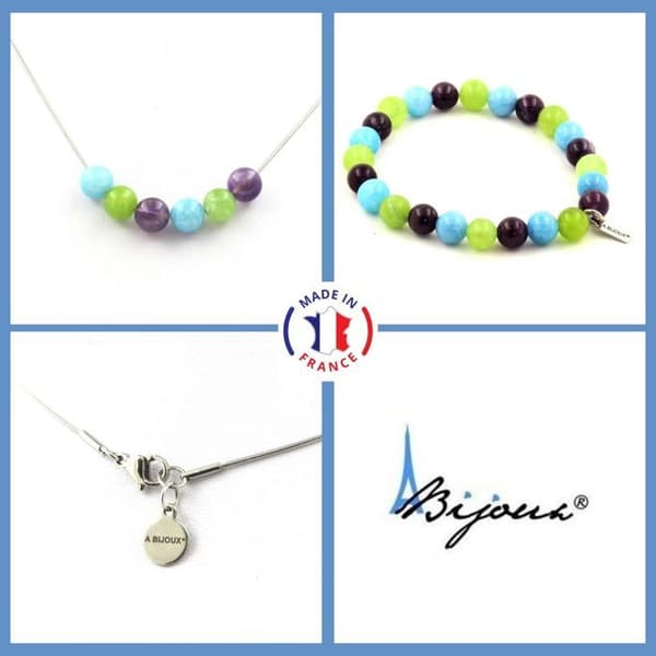 Stenar och mineraler. Ametist Beads Armband Halsband Set + Ribboned Agate + Anpassningsbar Cut Stone.