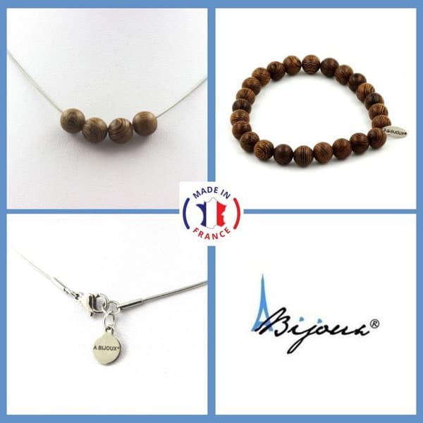Stenar och mineraler. Armband Halsband Set 4 träpärlor 8 mm. Stålkedja Anpassningsbar storlek.