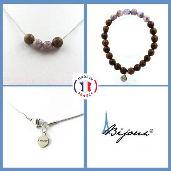 Stenar och mineraler. Armband Halsband Set 4 Violet Mica Beads från Tanzania + 8 mm trä. Anpassningsbar storlek.