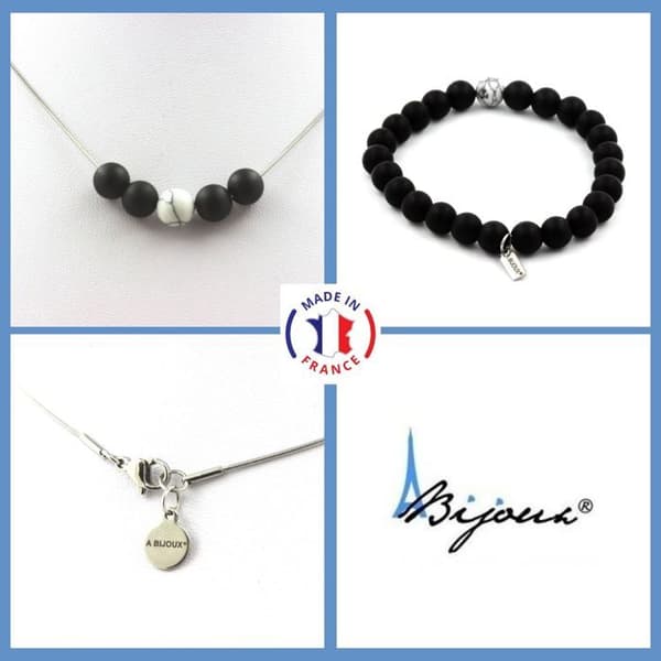 Stenar och mineraler. Armband Halsband Set Matt Svart Onyx + Howlite Beads 8 mm. Kedja i anpassningsbar storlek.