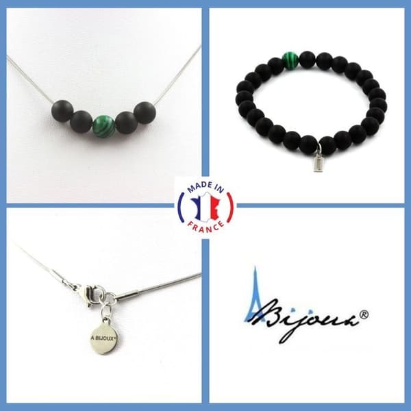 Stenar och mineraler. Malachite Beads Armband Halsband Set + Mattsvart Onyx 8 mm. Kedja Anpassningsbar storlek.