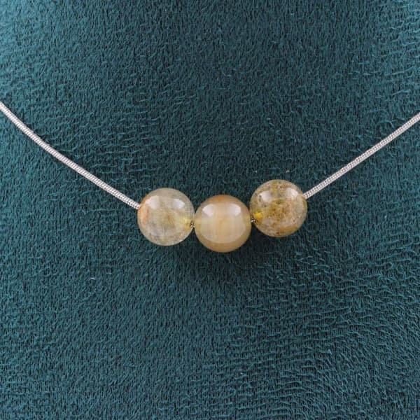 Collier - Ett smycke - 3 pärlor av rutilkvarts 8 mm - Rostfritt stål - Anpassningsbar storlek - Unisex