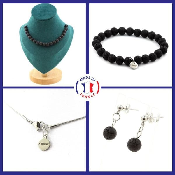 Stenar och mineraler. Set Armband Halsband Örhängen Chips 20 Lava pärlor 8 mm. Anpassningsbar storlek.