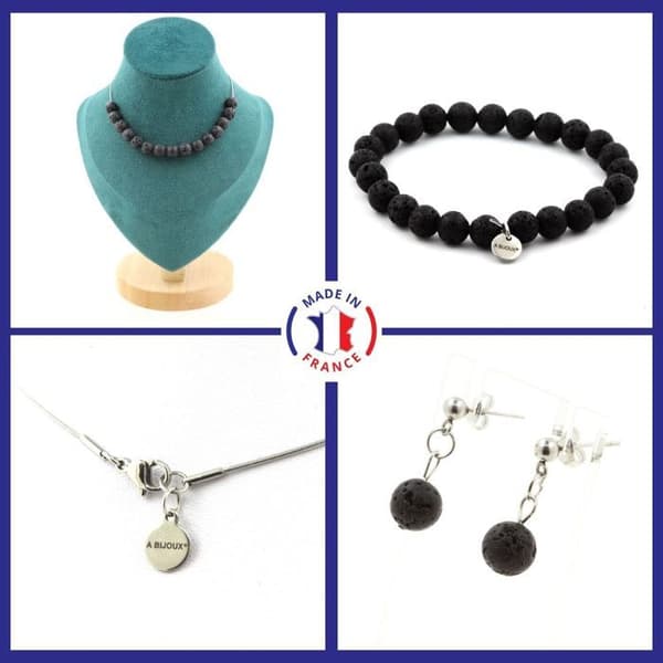 Stenar och mineraler. Set Armband Halsband Örhängen Chips 15 Lava pärlor 8 mm. Anpassningsbar storlek.