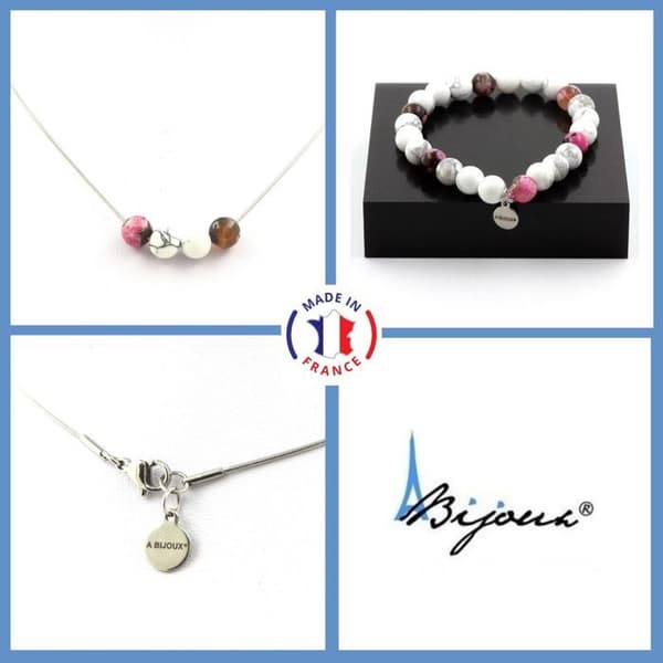 Stenar och mineraler. Howlite Beads Armband Halsband Set + Brun Rosa Agat 8 mm. Anpassningsbar storlek.