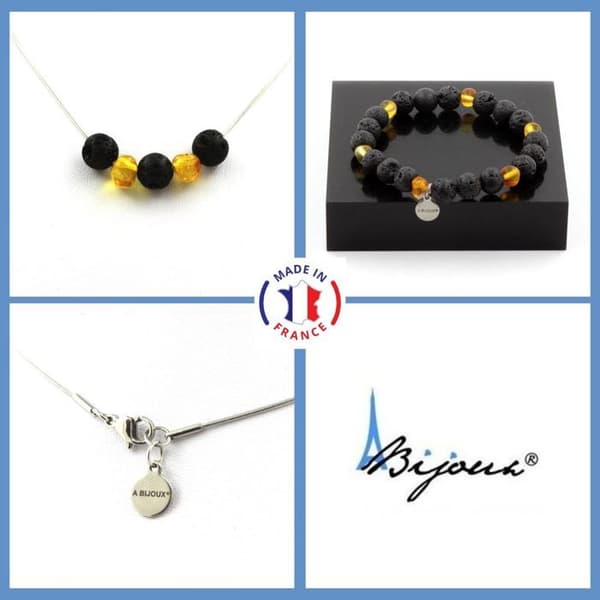 Stenar och mineraler. 8 mm Lava Beads Armband Halsband Set + Real Sea Amber Anpassningsbar storlek.