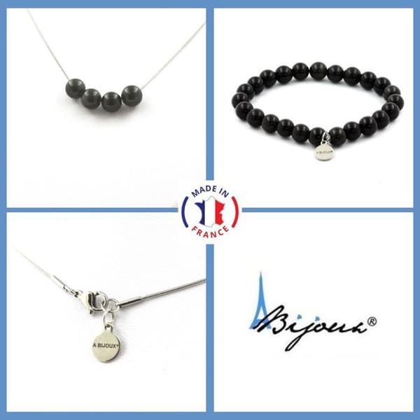 Stenar och mineraler. Armband Halsband Set 4 svarta Obsidian pärlor 8 mm. Kedja i anpassningsbar storlek.