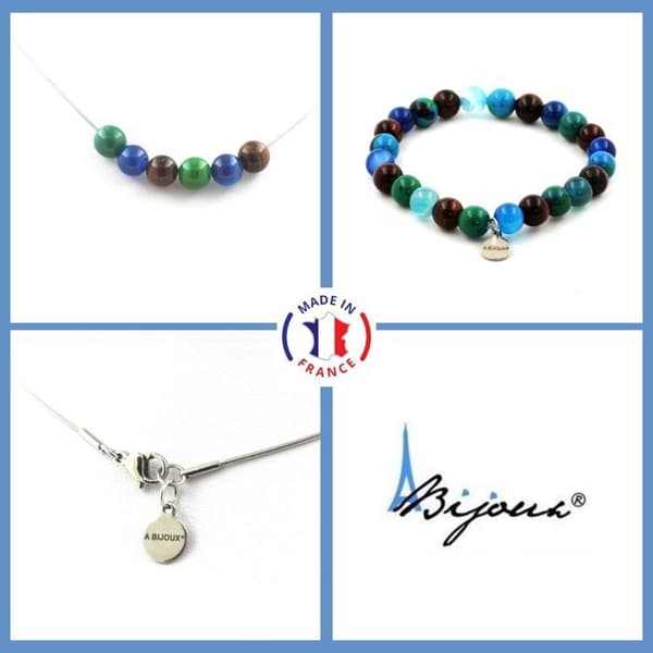 Stenar och mineraler. Red Tiger Eye Beads Armband Halsband Set + Chrysocolla + Anpassningsbar storlek.
