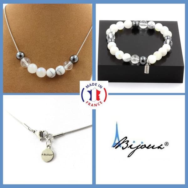 Stenar och mineraler. Hematit + Quartz + Moonstone Beads Armband Halsband Set + Anpassningsbar storlek.