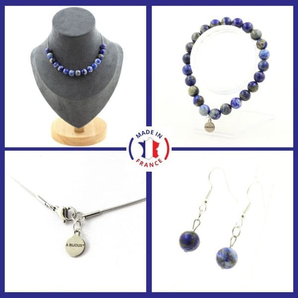 Stenar och mineraler. Armband Halsband dinglande örhängen Set 15 Lapis pärlor Anpassningsbar storlek.