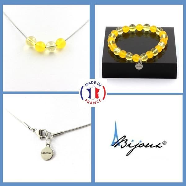 Parure - Ett bijou - Gul agat + Citrin - Armband 19-20 cm - Halsband 45 cm - Rostfritt stål