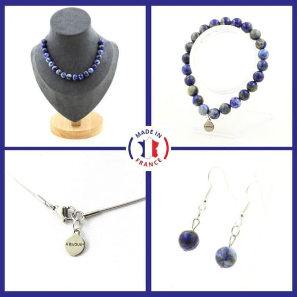 Stenar och mineraler. Armband Halsband dinglande örhängen Set 20 Lapis pärlor Anpassningsbar storlek.