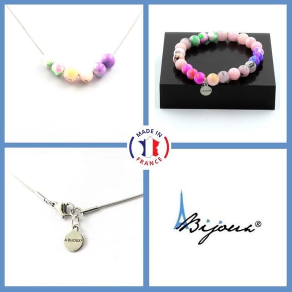 Stenar och mineraler. Rosa opal pärlarmband halsband + blå lila jaspis + jaspis Anpassningsbar storlek.