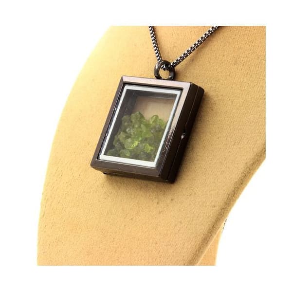 Collier - ABIJOUX - Fyrkantig modell - Rostfritt stål - Rå peridot - Svart