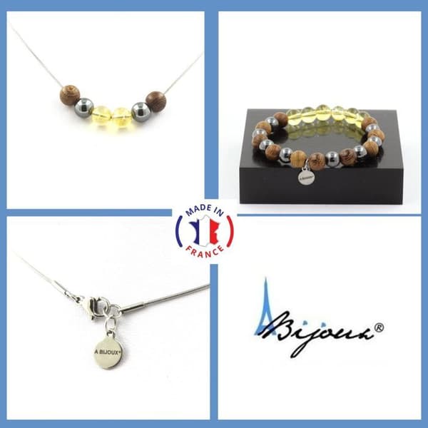 Stenar och mineraler. Citrin Beads Halsband Armband Set + Hematit + trä 8 mm. Kedja Anpassningsbar storlek.