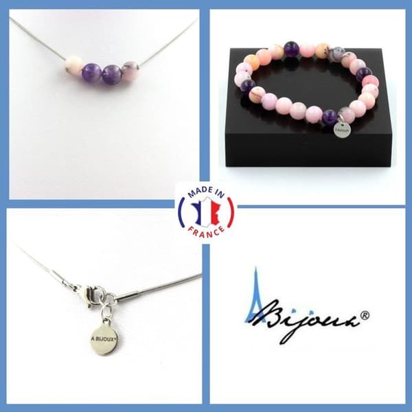 Parure - Ett Smycke - Rosa Opal och Ametist - Armband och Halsband - 8 mm - Rostfritt stål