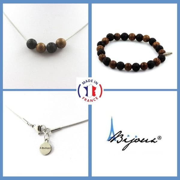 Stenar och mineraler. Armband Halsband Set 4 Pärlor Lava + trä 8 mm. Stålkedja Anpassningsbar storlek.