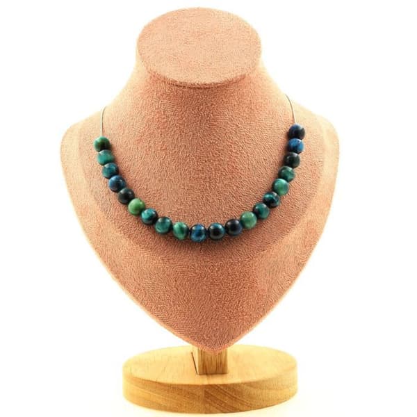 Halsband - Ett Smycke - Ljusblå Tigeröga - 20 pärlor - Rostfritt stål - Längd 45 cm