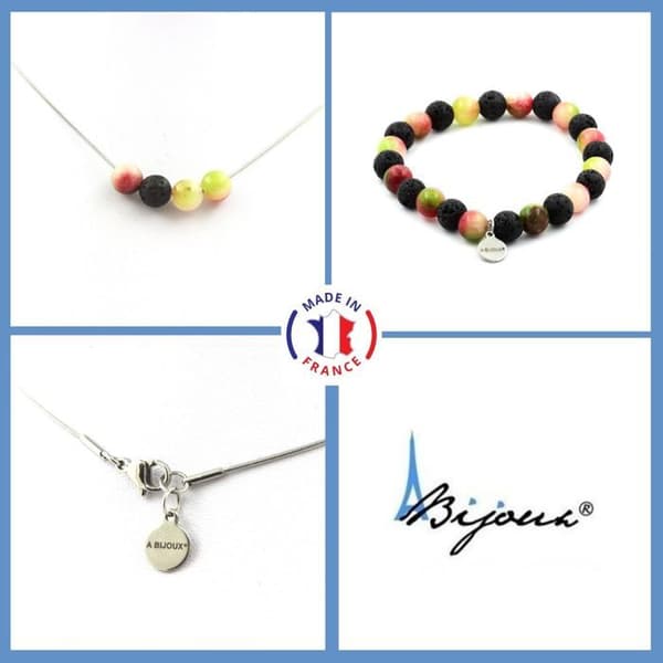 Parure - Ett Bijoux - Turmalin melon d'eau + Lava - Armband 19-20 cm - Halsband 45 cm - Rostfritt stål