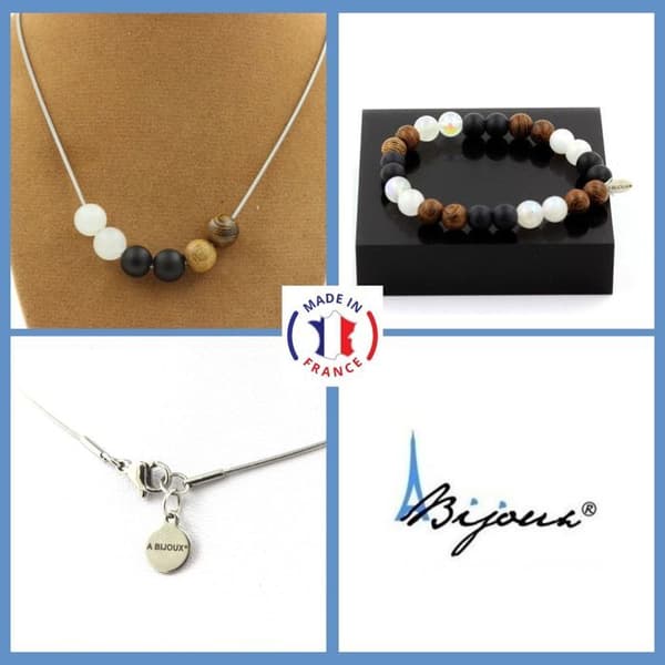 Stenar och mineraler. Armband Halsband Set Moonstone Beads + Matt Black Onyx + Wood 8 Anpassningsbar storlek.