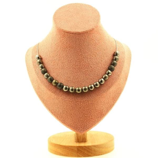 Stenar och mineraler. Halsband med 20 pyritpärlor från Spanien 8 mm. Kedjehalsband i rostfritt stål för kvinnor, män. Anpassad storlek