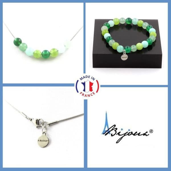 Parure - Ett smycke - Grön agat + Aventurin + Peridot - Anpassningsbar storlek - Unisex - Tillverkad i Frankrike