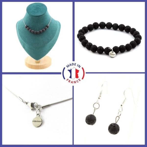 Stenar och mineraler. Armband Halsband dinglande örhängen Set 10 Lava pärlor 8 Anpassningsbar storlek.