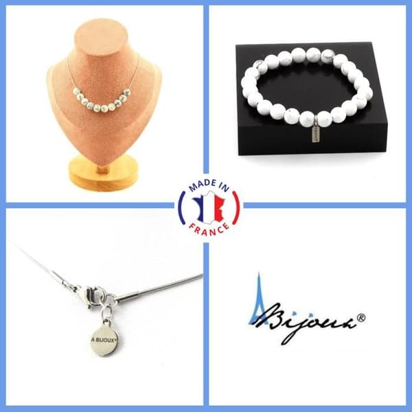 Stenar och mineraler. Armband Halsband Set 10 Howlitpärlor 8 mm. Stålkedja Anpassningsbar storlek.