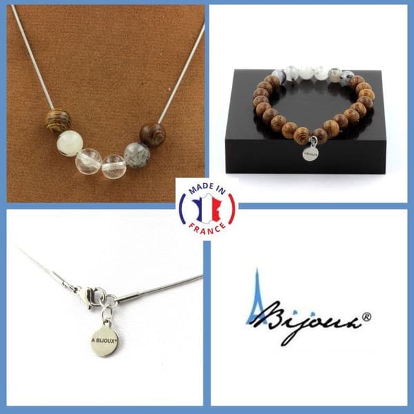 Stenar och mineraler. Svart Rutil Quartz Beads Armband Halsband Set + Quartz + wood 8 Anpassningsbar storlek.