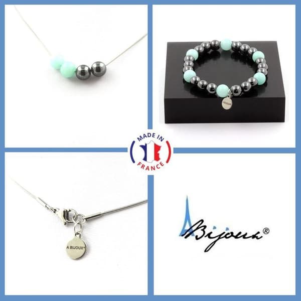 Stenar och mineraler. Amazonite + Hematite Beaded Armband Halsband Set 8 mm. Kedja i anpassningsbar storlek.