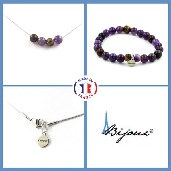 Stenar och mineraler. Flerfärgad Tiger Eye Beads Armband Halsband Set + Ametist 8 Anpassningsbar storlek.