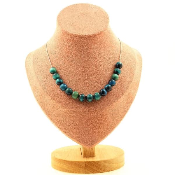 Halsband - Ett smycke - Ljusblå tigeröga - 15 pärlor - Rostfritt stål - 45 cm