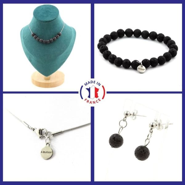 Stenar och mineraler. Set Armband Halsband Örhängen Chips 10 Lava pärlor 8 mm. Anpassningsbar storlek.