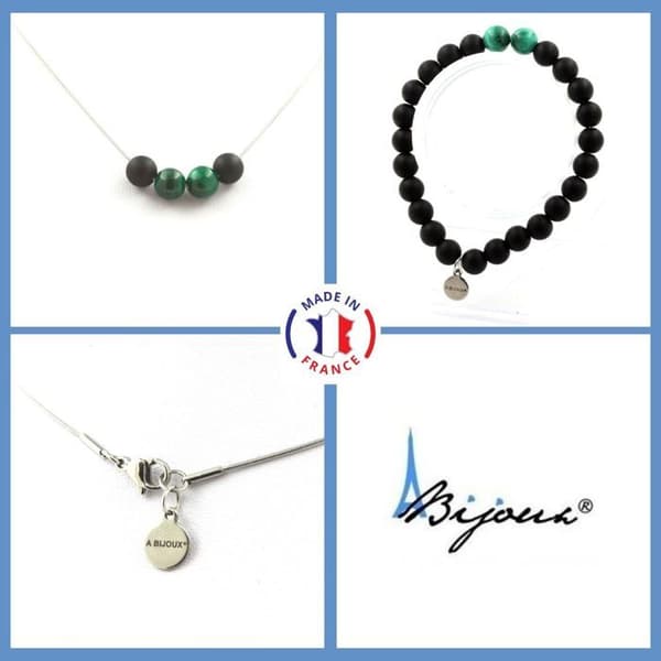 Stenar och mineraler. Mattsvart Onyx + Kongo Malakit Pärlarmband Halsband Set 8 Anpassningsbar storlek.