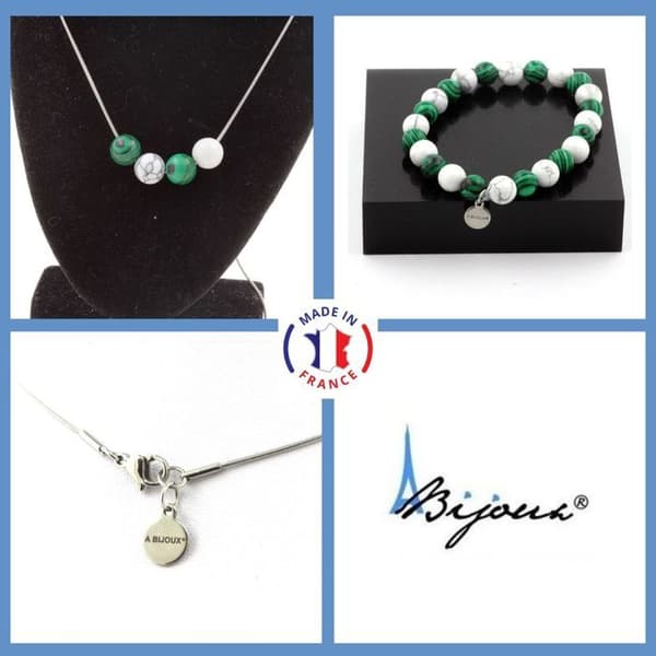 Parure - Ett Bijoux - Halsband och Armband - 4 Howlitepärlor - 8 mm - Rostfritt stål - Anpassningsbar