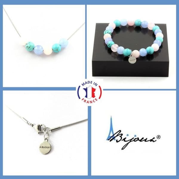 Stenar och mineraler. Rosa kvarts + akvamarin + Howlite Beads Armband Halsband Set Anpassningsbar storlek.