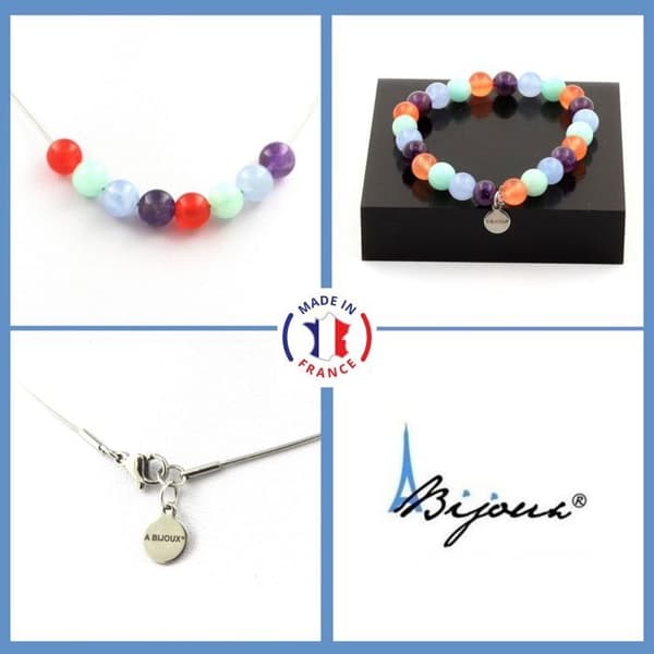 Stenar och mineraler. Aquamarine Beads Halsband Armband Set + Amazonite + Ametist + Anpassningsbar storlek.
