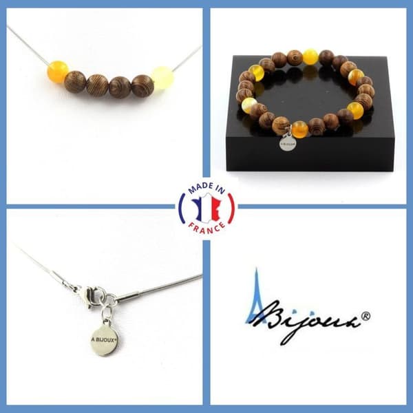 Stenar och mineraler. Gul Sardonyx Beads Halsband Armband Set + 8 mm trä. Kedja i anpassningsbar storlek.