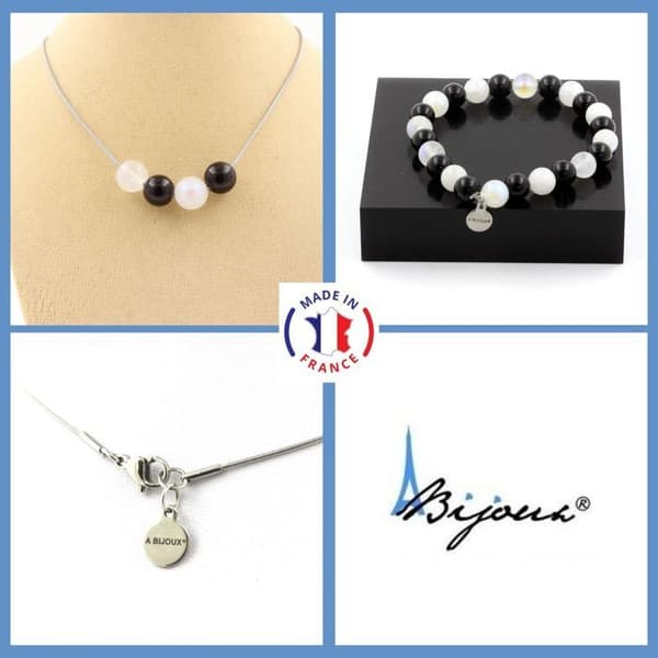 Stenar och mineraler. Armband Halsband Set 4 Moonstone Beads + Black Agate 8 mm. Anpassningsbar storlek.