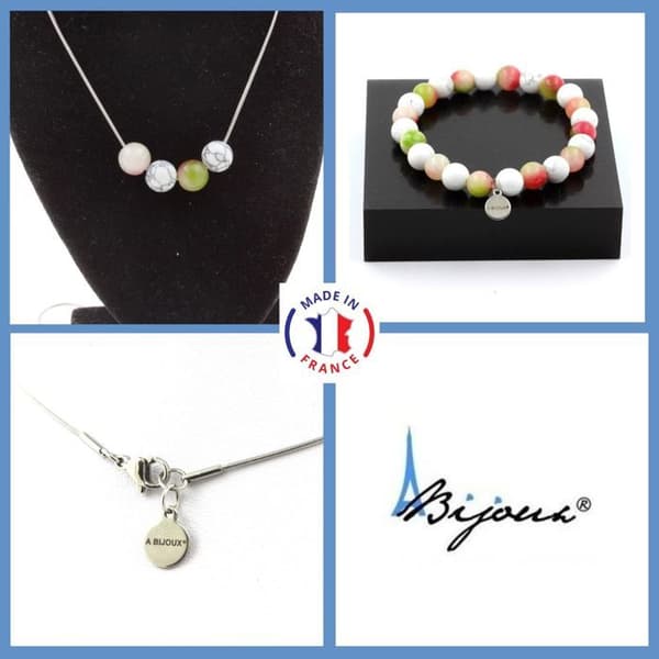 Stenar och mineraler. Vattenmelon Tourmaline + Howlite Beads Armband Halsband Set 8 mm. Anpassningsbar storlek.
