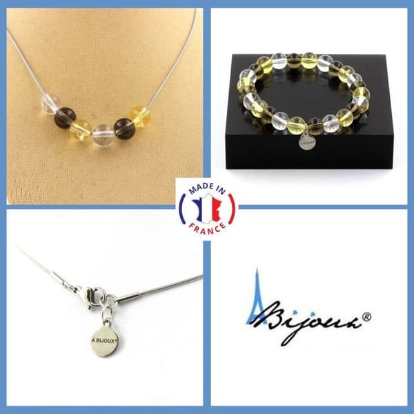 Stenar och mineraler. Smoky Quartz + Citrine + Quartz Beads Armband Halsband Set 8 mm. Anpassningsbar storlek.