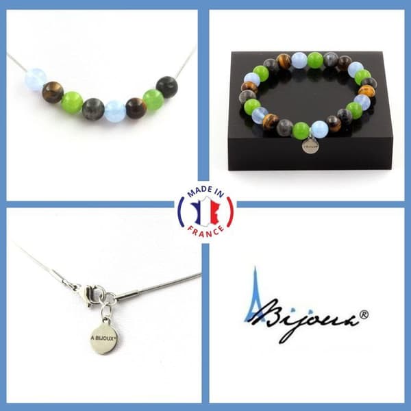 Stenar och mineraler. Aquamarine + Tiger Eye Beads Armband Halsband Set + Anpassningsbar storlek.