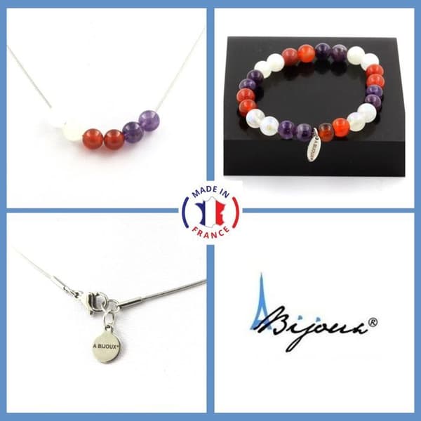 Parure - Ett Smycke - Ametist och Agat - Armband och Halsband - 8 mm - Rostfritt stål - Tillverkad i Frankrike