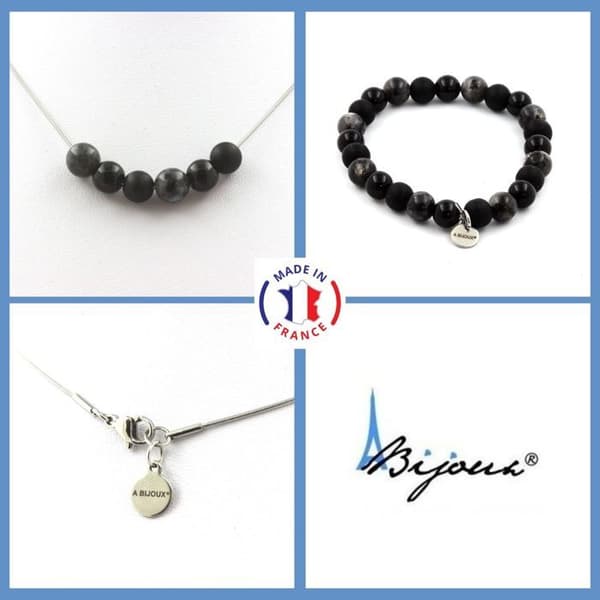 Stenar och mineraler. Labradorite Beads Armband Halsband Set + Black Agate + Black Onyx Anpassningsbar storlek.