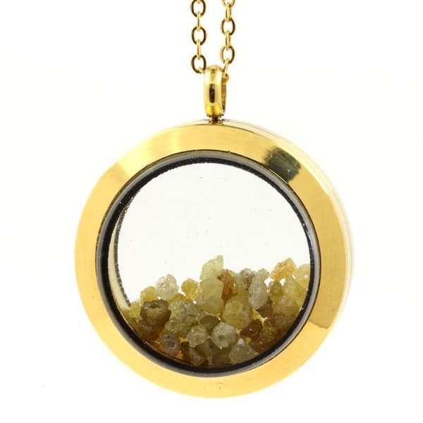 Collier - ABIJOUX - Medaillon 25 mm - Rostfritt stål - Brutgrön och gul diamant - Flytande glas