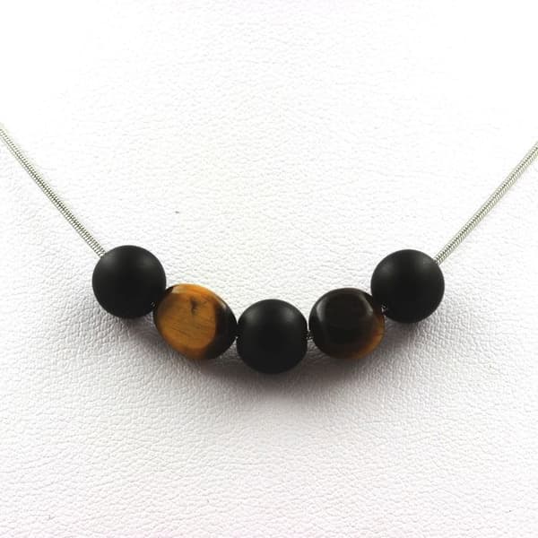 Collier - ABIJOUX - Mat svart onyx 8 mm - Tigeröga - Rostfritt stål - Unisex