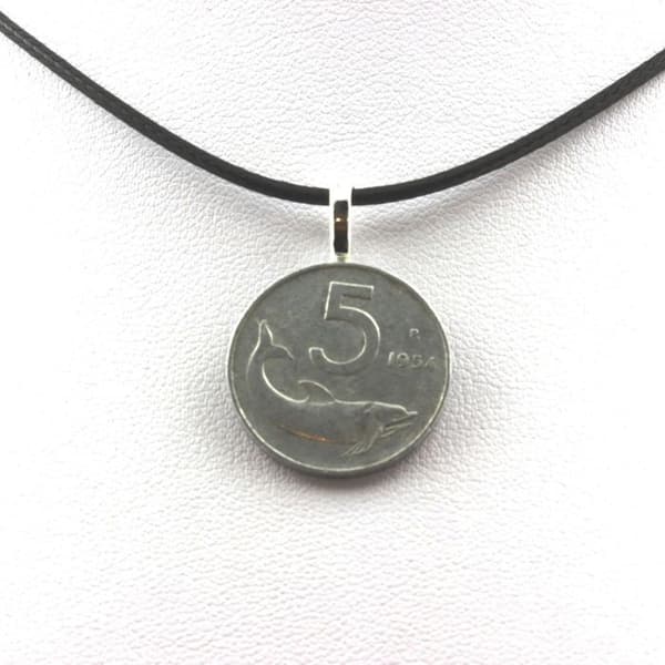 Halsband - ABIJOUX - Mynt Italien 5 lire - Svart läder snöre - 20,2 mm - Mixad